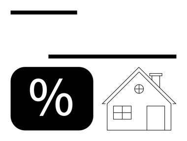 Ev, ipoteği, faiz oranlarını veya finansal kararları temsil eden cesur bir yüzde sembolünün yanında yer alıyor. Emlak, bankacılık, finans, ev satın alma, tasarruf, konut piyasası için ideal