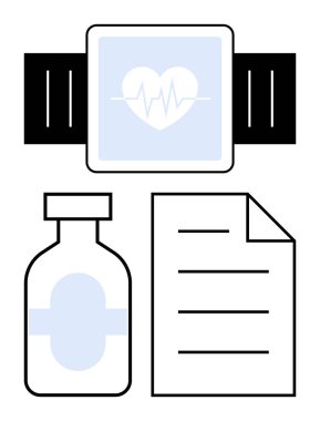 Sağlık odaklı, kalp atışı göstergesi, ilaç şişesi ve belgesi olan bir akıllı. Fitness, sağlık, uzaktan izleme, teletıp, tıbbi araştırma, ilaç kullanımı ve refah için ideal