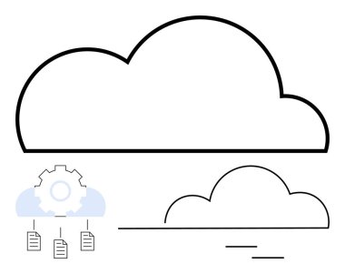 Altında teçhizat sembolü ve belge olan büyük bulut, bulut hesaplama, teknoloji, veri depolama ve işlemeyi temsil ediyor. IT, ağ oluşturma, dijital kaynaklar, iş akışı yenilik yedeği için ideal