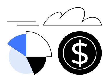 Bölünmüş bölümlü minimalist pasta tablosu, kara para ve finansal stratejiyi temsil eden bulut çizimi, bulut hesaplaması, çevrimiçi bankacılık, veri analizi, zenginlik yönetimi, fintech, düz