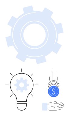 Üretkenliği temsil eden vites, fikirleri sembolize eden ampul ve yatırım için el ele tutuşan madeni paralar. Yenilik, takım çalışması, verimlilik, girişimcilik, iş büyümesi ve finansman için ideal