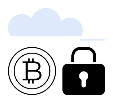 Bitcoin para, asma kilit ve bulut, kripto para güvenliğini blok zinciri, şifreleme ve veri gizliliği ile temsil eder. Finans, engelleme zinciri, siber güvenlik, bulut fintech yeniliği için ideal