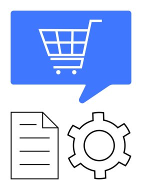 Alışveriş arabası ikonu, belge kağıdı ve çevrimiçi alışveriş, konfigürasyon ve planlamayı sembolize eden teçhizat içeren mavi konuşma balonu. E-ticaret, otomasyon, iş akışı, strateji planlaması için ideal