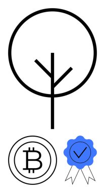 Minimalist ağaç hattı sanatı, bitcoin amblemi, mavi kurdele rozeti. Finans, sürdürülebilirlik, güven, çevrecilik, engelleme zinciri, ekolojik bilinçli markalaşma için idealdir. Düz basit metafor