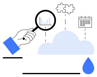 Bulut, bulmaca, takvim ve düşüşe bağlı veri tablosuna odaklanan büyüteçle. Takım çalışması, veri analizi, organizasyon, bulut teknolojisi, strateji yeniliği için ideal