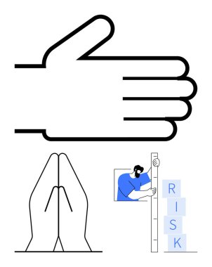 Büyük el hareketi, dua eden eller, RİSK etiketli blokları ölçen adam. Takım çalışması, destek, risk yönetimi, karar verme, sorumluluk, iş stratejileri için ideal basit iniş sayfası