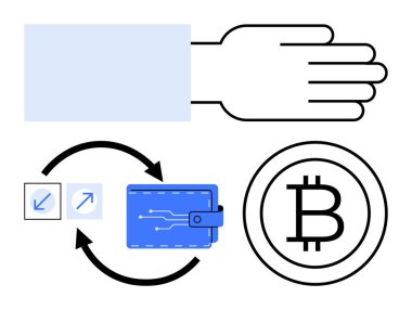 Uzatılmış el, transferi gösteren oklar, dijital cüzdan, şifreli para transferlerini sembolize eden Bitcoin logosu. Finans, engelleme zinciri, dijital ödeme, teknoloji, kripto para birimi için ideal