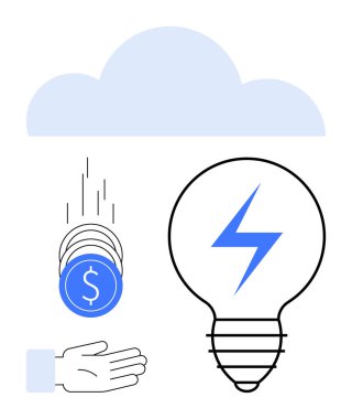 Açık bir ele bozuk para atmak, bir ampulün içine parlak bir yıldırım atmak, ve başınızın üstünde bir bulut. Teknoloji, finans, enerji verimliliği, yenilik, bulut hesaplama, yenilenebilir güç sade iniş için ideal