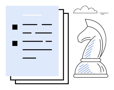 Bir satranç şövalyesi taşının yanında kurşun noktaları olan belgeler. Strateji, planlama, hedefler, taktikler, karar verme, iş, liderlik için idealdir. Düz basit metafor