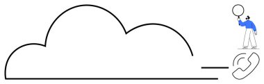 Bir telefon ikonuna bağlı büyük bulut çizgisi, iletişimi resmediyor. Muhabbet balonu tutan kişi. Teknoloji, iletişim, bulut hizmetleri, veri paylaşımı, bağlantı, uzak