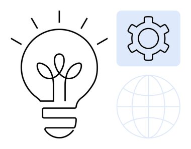 Filizlenen çizgileri olan ampul yaratıcılığı simgeler, sistem süreci için vites simgesi, küresel erişimin dünya çizgileri. Yenilik, strateji, teknoloji, girişimler, tasarım, pazarlama için ideal