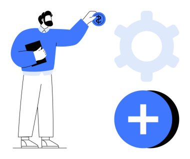 Elinde dolar sikke, dosya, dişli ve ayrıca kaynak yönetimi, finansal büyüme ve verimliliği gösteren tabela tutan adam. Finans, iş planlaması, takım çalışması verimlilik stratejisi için ideal