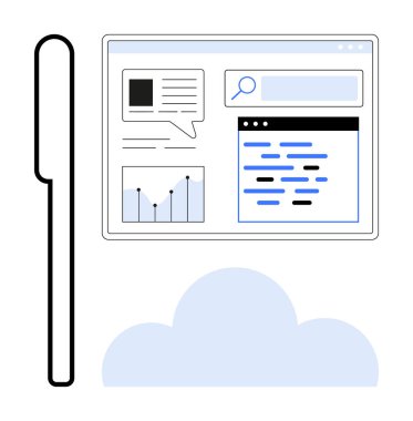 Arama çubuğu, sohbet balonu, grafik ve metin blokları ile web arayüzü. Veri analizi, bulut hesaplama, takım çalışması, analitik, iletişim dijital araçları ve basit iniş sayfası için ideal