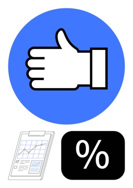 Destekleme için başparmak kaldırma simgesi, panoda bar tablosu ve analizi, başarıyı ve değerlendirmeyi temsil eden yüzde simgesi. İş için ideal, geribildirim, veri, finansman ilerleme stratejisi dairesi