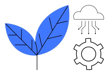 Doğayı temsil eden mavi yapraklar, dijital düğümlü bir bulut ve teknolojiyi sembolize eden bir dişli. Sürdürülebilirlik, yenilik, eko-teknoloji, yeşil enerji, dijital dönüşüm için ideal