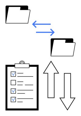 Veri transferini temsil eden oklarla birbirine bağlı iki dizin, görev izleme için bir kontrol listesi ve işlem akışını sembolize eden yukarı doğru oklar. Organizasyon, iş akışı, yönetim, veri paylaşımı için ideal