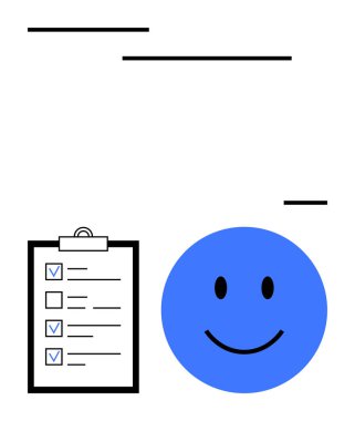 İşaretli görevleri olan düzgün bir listenin yanına büyük mutlu yüz pozitiflik ekler. Üretkenlik, takım çalışması, hedef belirleme, başarılar, motivasyon, organizasyon, basit iniş sayfası için ideal