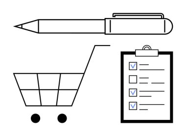 Kalem, alışveriş arabası ve kontrol listesi planlama, organizasyon ve verimliliği vurguluyor. Alışveriş, iş, görev yönetimi, e-ticaret lojistik ofisi sade iniş sayfası için ideal