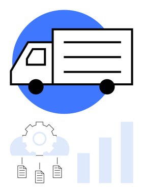 Bulut ve dosya simgelerine bitişik çubuk grafiği olan teçhizat yanında kamyon simgesi. Lojistik, tedarik zinciri, dijital altyapı, dağıtım sistemi, e-ticaret, büyüme otomasyonu için ideal. Düz