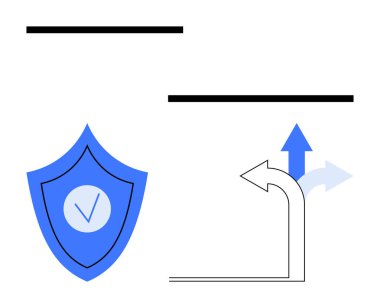 Mavi kalkan, işaretli, farklı oklar, kararları ve yolları gösteriyor. Konseptler için ideal koruma, güvenlik, uyum, karar verme, navigasyon, rehberlik