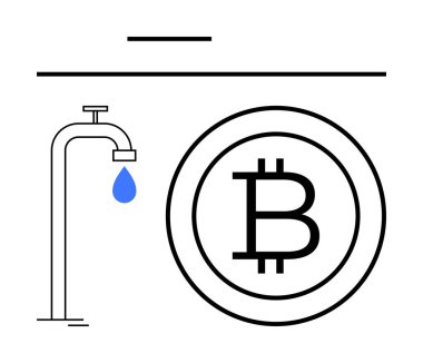 Bitcoin para yanında musluk damlayan su, kripto para kazanma, kazanma ve işlem akışını sembolize eder. Finans, yatırım, engelleme zinciri, dijital ekonomi ve tasarruf teknolojisi için ideal