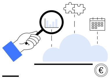 El ele tutuşan büyüteç, bulut üzerindeki çubuk grafiğini inceler, bulmaca parçalarını, takvimi ve avro sembolünü birbirine bağlar. Veri analizi, bulut hesaplaması, mali planlama, takım çalışması ve sorun için ideal