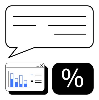 Metin satırlı konuşma balonu, bar çizelgesi penceresi ve yüzdelik sembol bloğu. Veri analizi, iletişim, iş stratejisi, eğitim, finans, pazarlama araştırmaları için ideal basit bir metafor