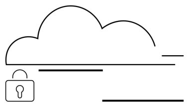 Bulut ana hatları minimalist bir kilit simgesi içeriyor. Bulut bilgisayarında güvenliği, korumayı ve gizliliği vurguluyor. Teknoloji, veri, güvenlik, mahremiyet, depolama siber güvenliği için ideal basit iniş sayfası