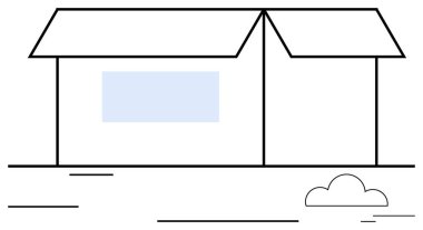 Üçgen çatılı temiz bir ev, geniş bir pencere ve bulut çizgisi de dahil olmak üzere basit bir bahçe düzenlemesi. Mimarlık, konut, emlak, ev sahipliği, sadelik minimalizmi için ideal