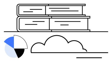 Yığınla kitap, bulut taslağı ve segmentli veri tablosu. Eğitim, e-öğrenme, bulut depolama, veri analizi, bilgi dijital dönüşüm teknolojisi için idealdir. Düz basit metafor