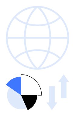 Küresel eğilimleri, veri görselleştirmeyi, ekonomik dinamikleri, iş büyümesini, stratejiyi, teknolojiyi ve ağı gösteren segmentli pasta grafiği ve çift yönlü oklarla dünya ana hatları. İdeal