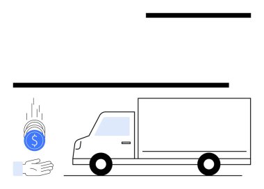 Kargo kamyonu bir madeni parayla öne doğru gidiyor ve açık bir ele dökülüyor, ödemeyi temsil ediyor. E-ticaret, nakliye, lojistik, dağıtım, mali işlemler, ticaret veya basit bir iniş sayfası için ideal
