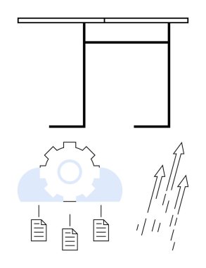 Bulut dişlisi otomatik belge çalışma akışı soyut masa yükselen oklar ilerleme gösteriyor. Teknoloji, otomasyon, bulut hesaplama, organizasyon, yenilik, üretkenlik, modern çözümler için ideal