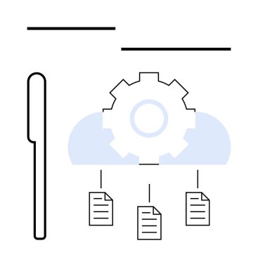 Otomasyonu temsil eden vites, depolama için bulut ve veri senkronizasyonunu sembolize eden dosyalar. Teknoloji, bulut hesaplama, dijital iş akışı, veri yönetimi, sistem entegrasyonu, iş için ideal