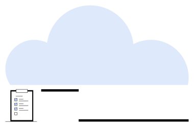 Aşağıda pano kontrol listesi olan büyük mavi bulut görev yönetimi, bulut depolama ve dijital organizasyon öneriyor. Üretkenlik, teknoloji, veri, planlama, depolama minimalizmi için ideal