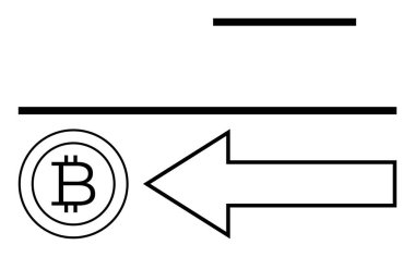 Bitcoin sembolü sol tarafı işaret eden büyük bir okla çevrili bir daire içinde şifreli para aktarımı akışını temsil ediyor. Yatay çizgiler minimalistik görsel denge sağlar. Finans, engelleme zinciri ve dijital için ideal