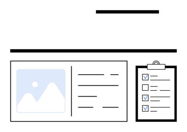 Bir resim yer tutucu, metin blokları ve panoda bir kontrol listesi içeren minimal web sayfası tasarımı. Web tasarımı, planlama, organizasyon, üretkenlik, görev yönetimi, iş akışı araçları için ideal