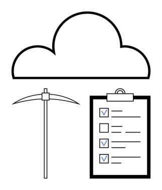 Bulut iskeleti, maden kazma ve veri yönetimini temsil eden işaretli öğelerle kontrol listesi. Teknoloji, bulut depolama, üretkenlik, veri madenciliği, proje planlaması, organizasyon için ideal
