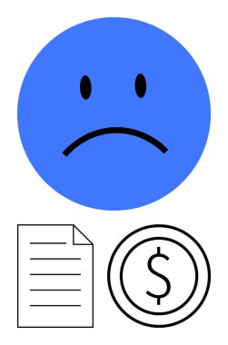 Belge ve madeni para ikonlarının üzerindeki mavi üzgün yüz sembolü, mali stresi, borcu veya ödeme anlaşmazlıklarını sembolize ediyor. İş, finans, duygu, bütçe ve borç yönetimi için ideal ekonomik zorluklar