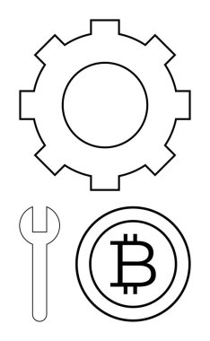 Vites, İngiliz anahtarı ve engelleme zinciri gelişimini ifade eden bitcoin ikonu, kripto para birimi onarımı, finansal teknoloji yönetimi. İş için ideal, kripto para birimi, engelleme zinciri, fintech mühendislik kodlaması