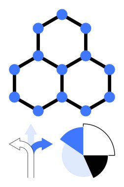 Düğümlü moleküler altıgen yapı, pasta grafiği görselleştirme ve yönsel ok dalları. Bilim, veri görselleştirme, karar verme, strateji, kimya, analiz için ideal