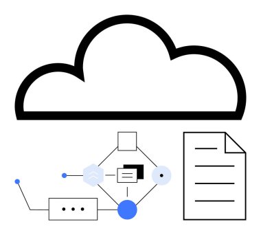 İş akışı şeması üzerinde bulut simgesi ve veri depolama, işlem otomasyonu ve dijital işbirliğini temsil eden dosya belgesi. Yenilik, teknoloji, verimlilik, uzaktan erişim, bulut için ideal