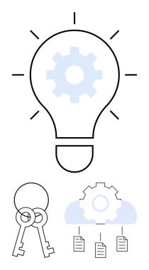 Yenilik için teçhizatlı ampul, güvenlik için anahtarlar ve veri depolamayı temsil eden belgeli bulut. Teknoloji, bulut hesaplama, veri koruması, yenilik, güvenlik ve beyin fırtınası için ideal