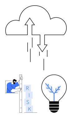 Okları olan bulut veri akışını sembolize eder, dallanma fikri olan ampul, risk bloklarını analiz eden kişi. Teknoloji, yenilik, girişim, iş stratejisi, yaratıcılık, veri yönetimi için ideal