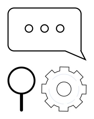 Konuşma balonu, büyüteç ve teçhizat iletişim, arama ve operasyon ayarlarını temsil ediyor. Analiz, problem çözme, yenilik, kullanılabilirlik takım çalışması rehberliği kavramları için ideal