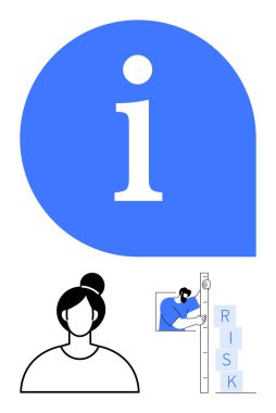 Büyük mavi bilgi simgesi, kadın figürü simgesi ve engelleri işaretleyen kişi. Teknoloji, danışmanlık, strateji, iş büyümesi, veri analizi, temel iniş sayfası için ideal