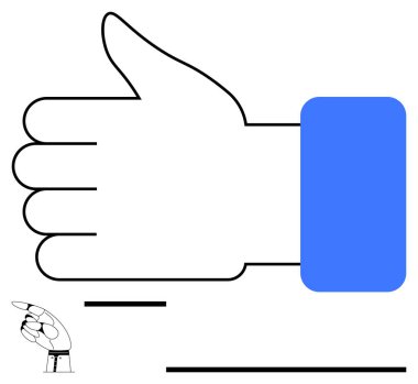 Büyük parmaklı, mavi kollu el, taburedeki küçük mekanik elle zıt yöndeki kompozisyona hakim. Pozitiflik, onay, robot bilimi, mizah, teknoloji, minimalizm için ideal, düz basit