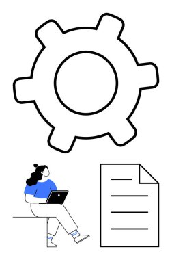 Süreçleri temsil eden büyük teçhizat, görevleri simgeleyen belge ve iş ve verimliliği ileten bir dizüstü bilgisayarı olan kişi. Takım çalışması, organizasyon, görev yönetimi, iş akışı, sistemler için ideal