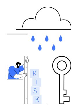 Adam riskleri bloklarla ölçüyor, yağmur damlaları bırakıyor ve büyük bir güvenlik anahtarı. Bulut teknolojisi, veri güvenliği, risk değerlendirmesi, yenilik, analitik, karar veren basit iniş sayfası için ideal