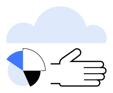 Elin açık mavi bulutun önünde pasta grafiğine uzanıyor. Temalar için ideal veri paylaşımı, analitik, bulut depolama, takım çalışması, işbirliği, teknoloji, iletişim. Modern bir daire.